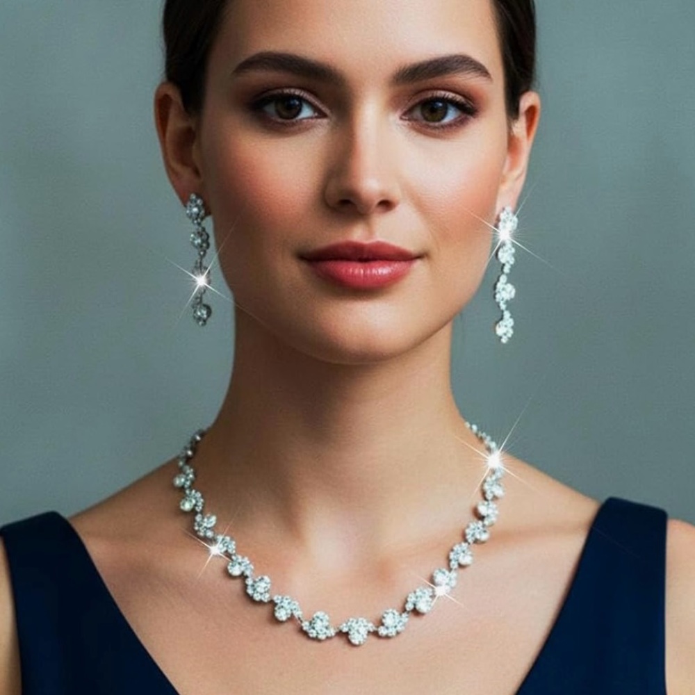 Silver rhinestone drop earrings and choker necklace